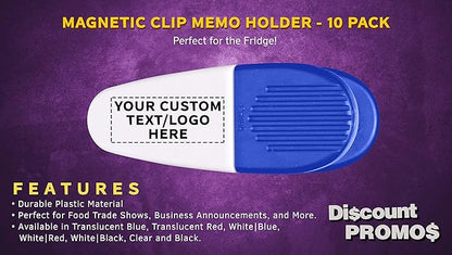 10 Magnetic Memo Holders Set - Customizable Text, Logo - Large Clip, Plastic - White Blue