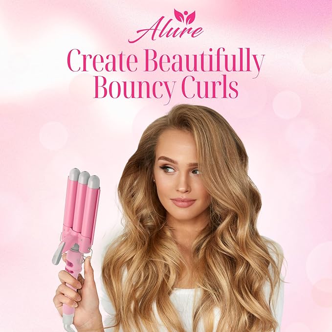 Alure Three Barrel Curling Iron Wand Hair Waver with LCD Temperature Display - 1 Inch Ceramic Tourmaline Triple Barrels, Dual Voltage Crimp (White/Pink)