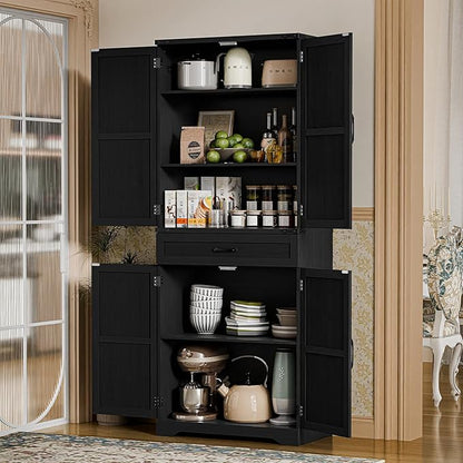 72" Kitchen Pantry Storage Cabinet, Farmhouse Style With Adjustable Shelves, Large Capacity Drawer, Freestanding Cupboard for Kitchen, Dining Room, Living Room, Black