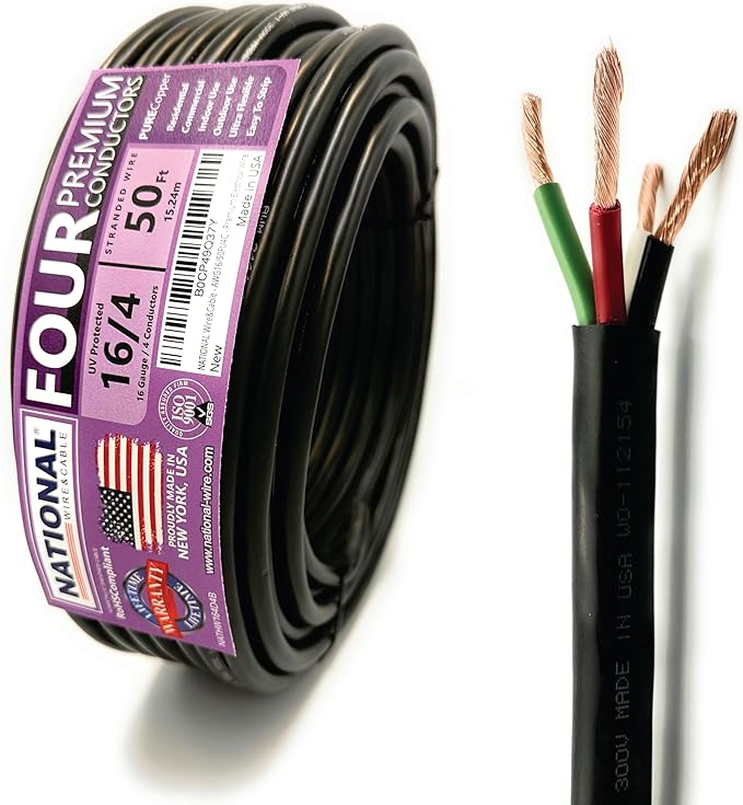 NATIONAL Wire & Cable – 16 AWG 4-Conductor Premium Copper Wire, 50 ft, Stranded | Made in USA, Heavy-Duty Flexible Jacket | LED, Lights, DIY Projects, Low Voltage Wiring, Indoor and Outdoor Use
