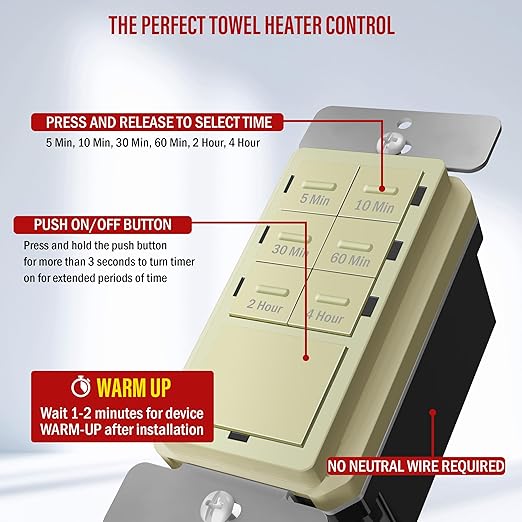 ENERLITES 4-Hour Countdown Timer Switch, 5-10-30-60 Min, 2-4 Hour, for Bathroom Fans, Heaters, Lights, LED Indicator, 120VAC 800W, No Neutral Wire Required, UL Listed, HET06-J-I, Ivory