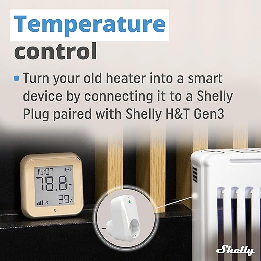 Shelly H&T Gen3 Mocha | Wi-Fi and Bluetooth Smart Temperature & Humidity Sensor with Remote App Control & Monitoring | Smart Scenes | Notification Alerts | LCD Display | Free Data Storage Export
