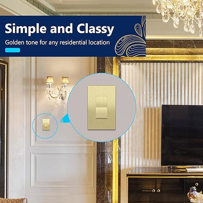 LIDER Brushed Gold Minimalist Design Decorator Switch with Screwless Wall Plate, Frameless Wall Light Switch, On/Off Rocker Switch, Single Pole, Residential Grade, 3 Wire, 15A 120-277VAC