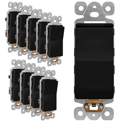 LIDER Balck Minimalist Decorator Switch, Frameless Paddle Light Switch, On/Off Rocker Switch, 3-Way, Residential Grade, 3 Wire 15A 120-277VAC, 10 Pack