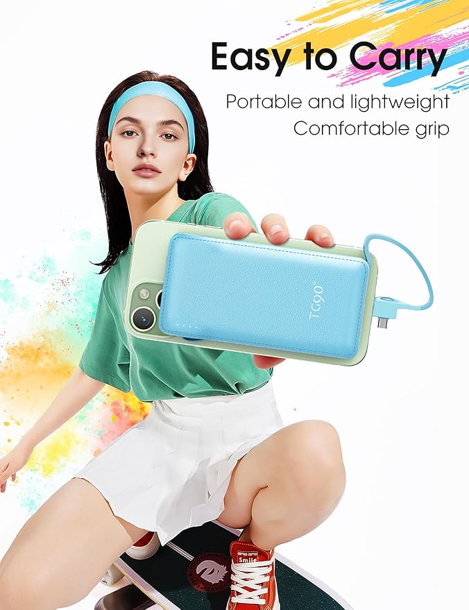 TG90° 10000mAh Power Bank with Built-in AC Wall Plug and Cables, Ultra Slim Phone External Battery Pack Portable Charger Compatible with iPhone and Android Devices