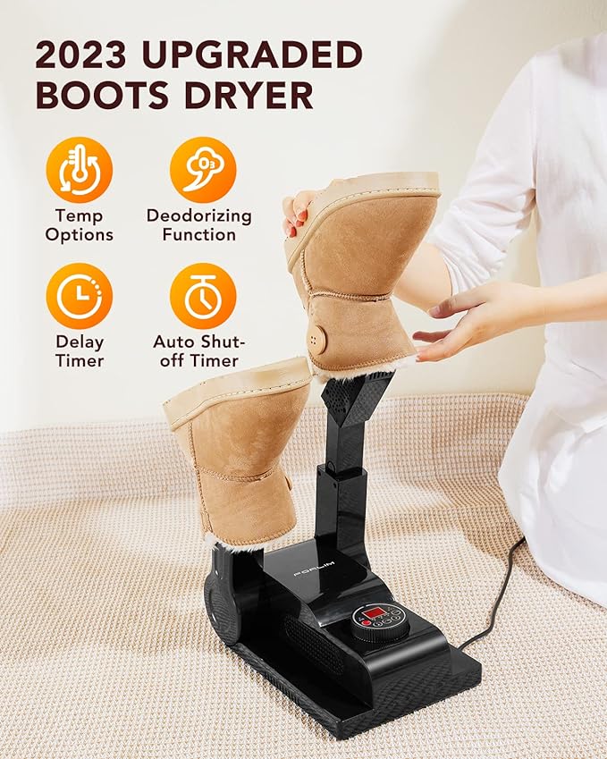 FORLIM [Upgraded Temperature Control] Boot Dryer for Work Boots - Shoe Dryer with 24-Hour Delay Timer, Portable Glove Dryer & Boot Warmer, Automatic Shut-Off Timer, Folding Design, Smart Panel, Black