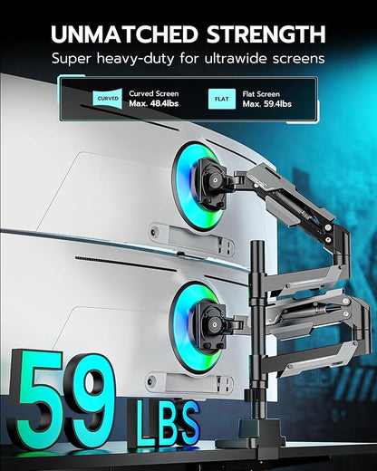 ARES WING Dual Monitor Mount, Adjustable Stacked Monitor Stand with USB A/C, Heavy Duty Gas Spring Monitor Desk Stand for 2 Monitors for 24-57 Inch Ultrawide Screen, 75/100/200 Vesa Mount, Black