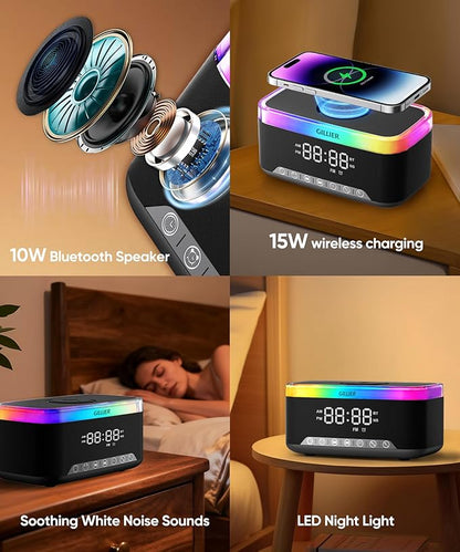 GILLIER Wireless Charging Alarm Clock Radio for Bedrooms – 15W Fast Wireless Charger Station for iPhone/Samsung, Bluetooth Stereo Speaker with FM Radio, Dimmable Display, USB Port, Sleep Timer, Black