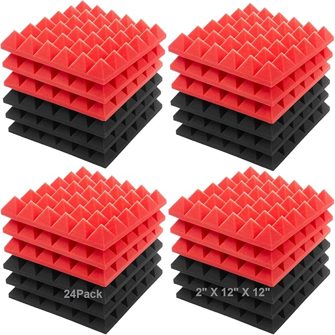 JBER Acoustic Sound Foam Panels, 24 Pack 2" X 12" X 12" Red and Black Soundproofing Treatment Studio Wall Padding Sound Absorbing Fireproof Pyramid