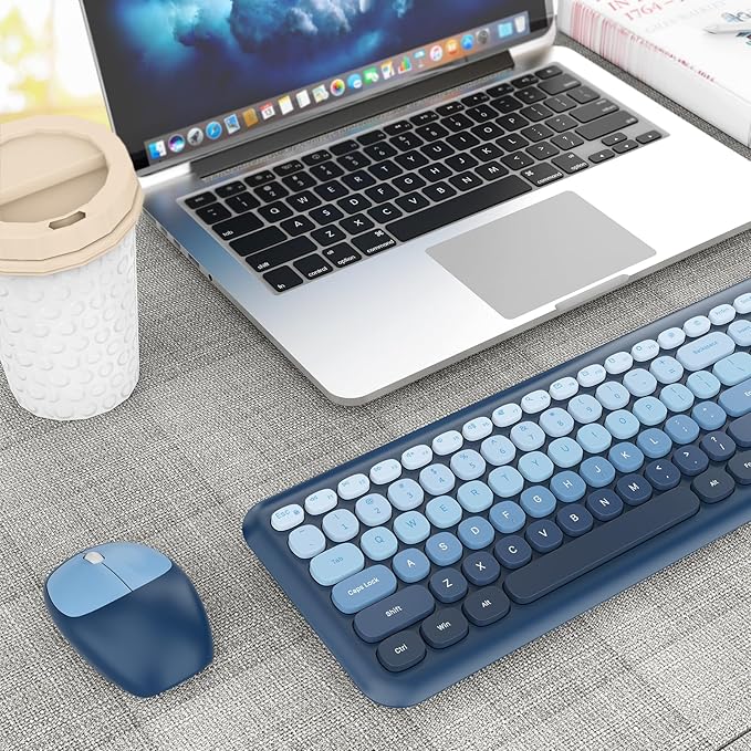 HotFox Wireless Keyboard and Mouse Combo, Full-Size Retro Typewriter Keyboard with Round Keycaps, Ergonomic Design for Windows PC, Home and Office Use -Blue