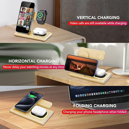 3 in 1 Charging Station for iPhone 17 - Wireless Charger for Apple Products for iPhone 17 16 15 14 13 12 11 Pro Max - Foldable Wireless Charging Station Dock Stand for iWatch Series & AirPods(Beige)