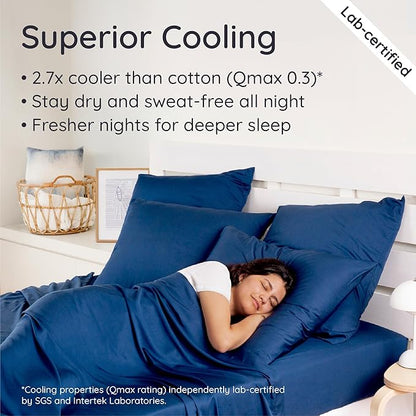 Bambaw King Sheet Set 6pcs – 100% Viscose Derived from Bamboo Sheets, Buttery Soft Bed Sheets, Cooling Sheets for Hot Sleepers, King Bed Sheets with Corner Straps, Fits Up to 16'' (Navy Blue)