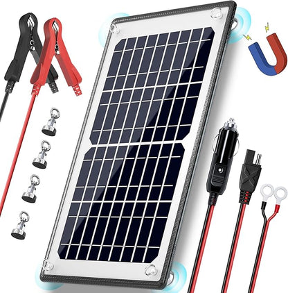 POWOXI 10W 12V Magnetic Solar Battery Trickle Charger Maintainer, Built-in MPPT Intelligent Charge Controller, Waterproof Solar Trickle Charger Alligator Clip for Car RV Motorcycle Marine, etc.