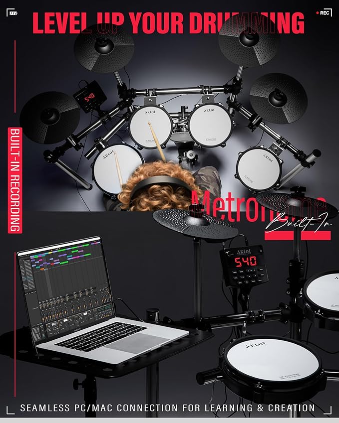 AKLOT Electric Drum Set with Kick-Tower: 4 Dual Zone Mesh Pads, 8’’ Tower-Style Kick Drum, 10’’ Snare, Dual Zone 10’’ Cymbals with Choke, 360 Sounds, User Kit, USB-MIDI, Throne, B-CORE 540 Air, Silver