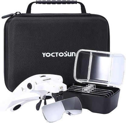 YOCTOSUN Magnifying Glasses with Light, Head Mount Magnifier with 5 Lenses, Headband, Storage Case, Hands Free LED Lighted Head Magnifying Visor for Close Work Hobby Crafts