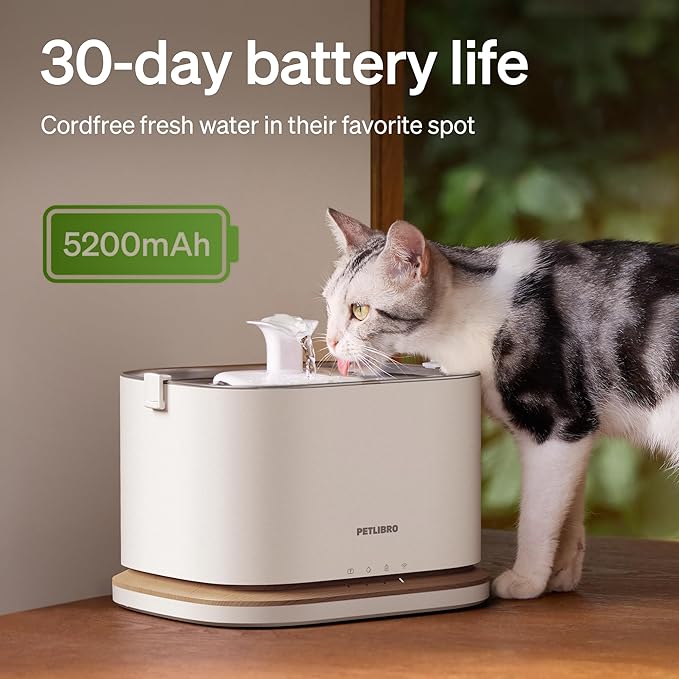PETLIBRO Upgrade Cat Water Fountain, Cordless Cat Fountain Battery Operated, App Monitoring 3L/101oz Dockstream 2 Pet Water Fountain with Stainless Steel Tray, 5GHz WiFi Dog Water Bowl Dispenser