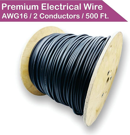 NATIONAL Wire & Cable – 16 AWG 2-Conductor Premium Copper Wire, 500 ft, Stranded | Made in USA, Heavy-Duty Flexible Jacket | LED, Lights, DIY Projects, Low Voltage Wiring, Indoor and Outdoor Use