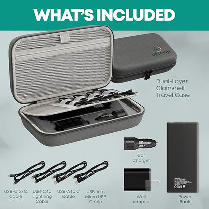 Uptown 7- Piece Travel Charging Tech Bundle – 10,000mAh Portable Charger, 45W GaN Wall Adaptor, 48W Car Charger & 4 Cables with Cord Organizer – Travel Essentials for Phones, Tablets & Laptops