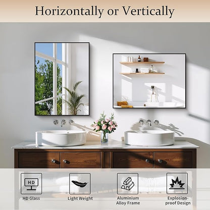 Black Bathroom Mirror for Wall, 18x24 Inch Rectangle Mirror with Metal Frame, Modern Vanity Mirrors for Bathroom Living Room, Entryway Hangs Horizontal or Vertical
