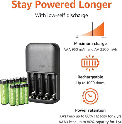 Amazon Basics NiMh Rechargeable Batteries (4 AA & 4 AAA) with 4 Bay Battery Charger, Type A (American) Plug, Black, 8 Count