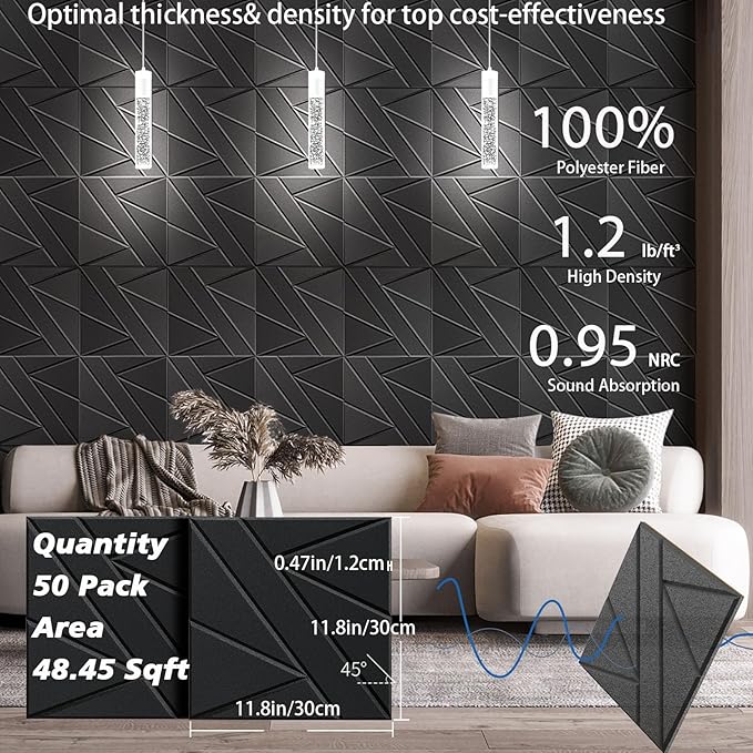 50 Pack Bulk Self-Adhesive Soundproof Wall Panels, 12 x 12 x 0.47 in Sound Proof Foam Panels for Walls, 1.2lb/ft³ High Density, Thicker 0.47in, Acoustic Panels, Duty for Large Walls Black
