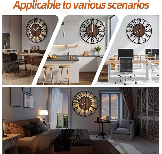 LEIKE Large Wall Clocks with Night Light Battery Operated,Silent Non Ticking,Rustic Modern Big Wood Clock for Living Room, Bedroom,Kitchen,Farmhouse,Office,Home Decor-32 Inch(Black-Arabic Number)