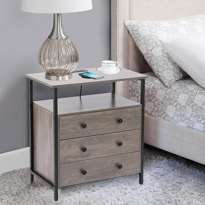 Edbuosy 3 Wooden Drawers Night Stand, 27 Inch Wide Nightstand with Charging Station and Adjustable Drawers, Small Dresser for Closet, Bedside Table for Living Room/Bedroom/Office, Gray.