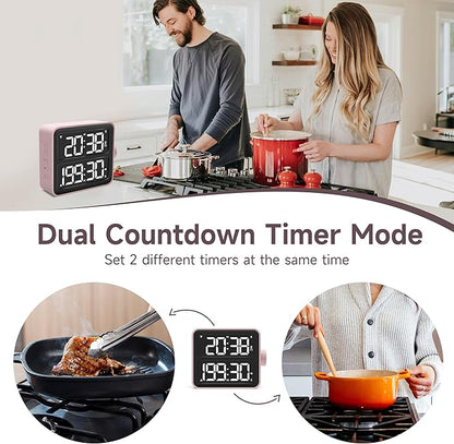 VEWINGL Dual Kitchen Timer Digital – 2-Channel Cooking Timer with Large Screen, Magnetic Back, Loud Alarm, Modern Pink Design for Various Timing Needs