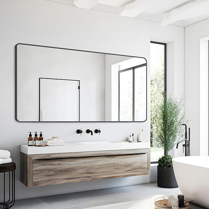 30" x 55"Bathroom Mirror, Matte Black Wall Mirror with Metal Frame, Decorative Rectangular Vanity Mirror for Bedroom Bathroom Living Room Entryway (Horizontal/Vertical)