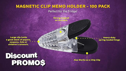 100 Magnetic Memo Holders Set - Customizable Text, Logo - Large Clip, Plastic - Clear