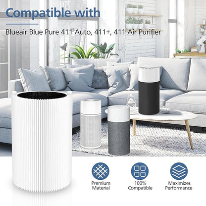 Blue Pure 411 Replacement Filte-r Compatible with Blueair Blue Pure 411 Genuine, 411+, 411 Auto and Mini Air Purifie-r, Include 3 Particle and 3 Activated Carbon