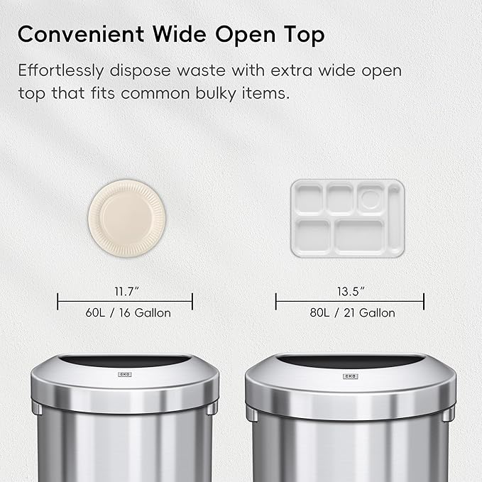 EKO Urban 16 Gallon Semi-Round Open Top Waste Bin, Stainless Steel Half Round Commercial Trash Can for Indoor and Outdoor, Extra Large Metal Garbage Bin for Home, Office, Restaurant, Restroom, 60L