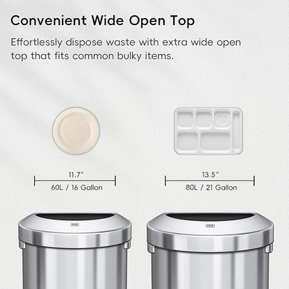 EKO Urban 16 Gallon Semi-Round Open Top Waste Bin, Stainless Steel Half Round Commercial Trash Can for Indoor and Outdoor, Extra Large Metal Garbage Bin for Home, Office, Restaurant, Restroom, 60L