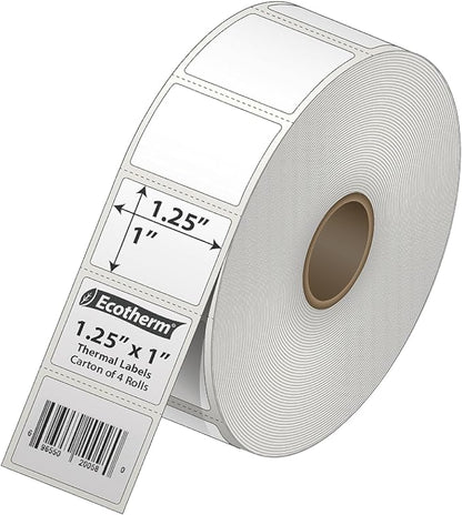 1.25" x 1" Thermal Labels | 4 Rolls | 5520 Labels | fits Zebra, Godex, Arkscan, iDPRT, Offnova Thermal Label Printers and More | Blank White Adhesive Stickers by Ecotherm