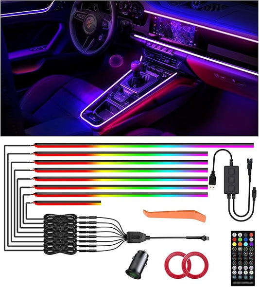 KENANEK 234’’ Acrylic Car Ambient Lighting Kit – 8 RGB LED Light Strips, APP/Remote/Control Box, Music Sync, Dual USB Cigarette Lighter, Universal Fit for Car/SUV/Truck