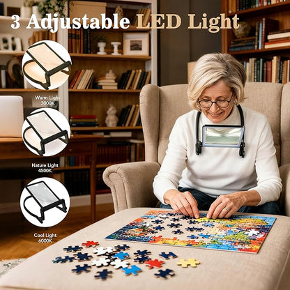 Magnifying Glass with Light for Reading,Hands Free Page Reading Magnifier for Books with 3 Color Dimmable, Neck Wear Large Screen Stand Glasses for Close Work Seniors Low Vision Rechargeable