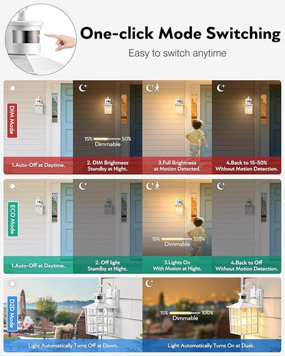 VIANIS White Motion Sensor Exterior Wall Lantern, 2 Pack Dusk to Dawn Outdoor Light Fixture Wall Mount, Anti-Rust Modern Outdoor Wall Sconce Lighting for House Front Porch Garage with Tempered Glass