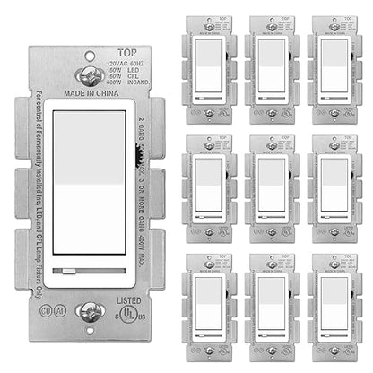 BESTTEN 10 Pack Dimmer Light Switch, Single Pole or 3-Way, Slide Dimmer Switches, Compatible with Dimmable LED, CFL, Incandescent and Halogen Bulb, Neutral Wire Not Required, 120VAC, UL Listed, White