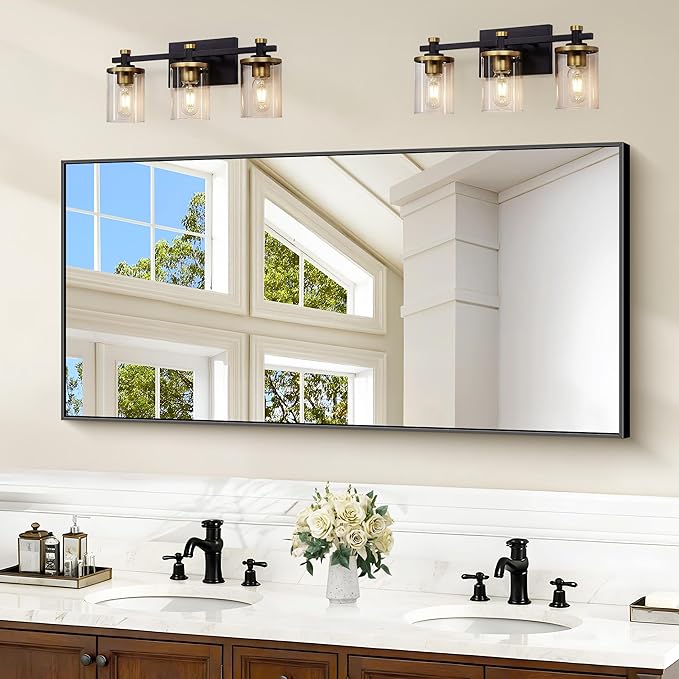 48x24In Black Bathroom Mirror for Wall, Rectangle Mirrors with Metal Frame, Bathroom Rectangular Mirror Modern Wall Mirror for Bedroom Living Room, Entryway Hangs Horizontal or Vertical