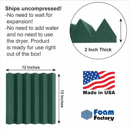 Foam Factory Inc 24 Pack Color Acoustic Foam Panel Studio Soundproofing Wedge Wall Tiles 12” X 12” X 2” (Forest Green)