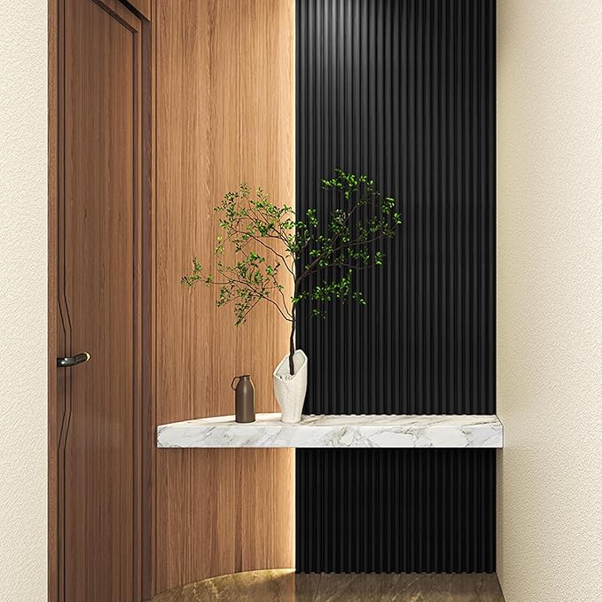 Art3d Fluted Wood Panel for Wall and Ceiling, Beaded Accent molding for Home Decoration, Pack of 4pcs + 1pc End-Trim, Size 108 x 5.7in.- Beaded Black