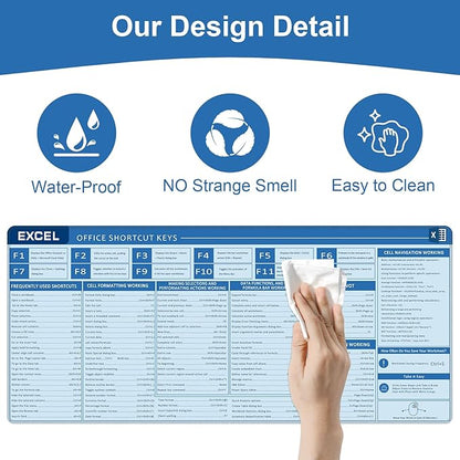 Baziabbo Office Desk Mat, Excel Cheat Sheet Keyboard Mat, Excel Shortcut Desk Pads,Non-Slip Excel Mousepad with Stitched Edges for Computer (Sheet Blue)