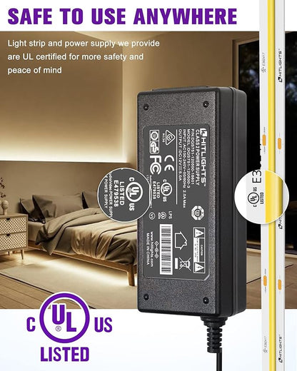 HitLights COB White LED Strip Lights Kit with Remote & 24V Power Supply, 16.4ft Dimmable Tape Light 4000K, 2560LEDs, 350+ LM/FT, UL Listed, Flexible Rope Lights for Bedroom, Kitchen, Cabinet Lighting