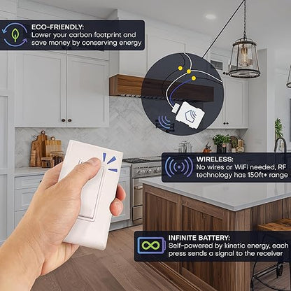 RunLessWire Single Pole Battery-Free DIY Wireless Light Switch Kit 150ft RF Range Self-Powered by Kinetic Energy for Fixtures & Outlets : 1 Remote Switch Controls 1 5A On/Off Receiver – Ivory