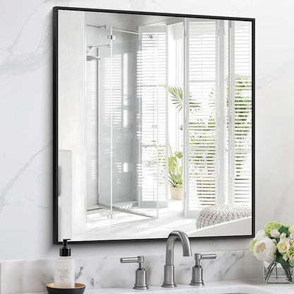 Black Bathroom Mirror for Wall, 30x36 Inch Rectangle With Metal Frame, Modern Vanity for Bathroom Living Room, Entryway Hangs Horizontal or Vertical