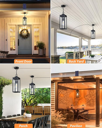 15'' Large Solar Pendant Light Outdoor, Modern Outside Chandelier Outdoor Hanging Lantern, Black with Clear Glass, Exterior Pendant Lighting Fixture Ceiling Mount for Porch, Entryway, Gazebo, 1 Pack