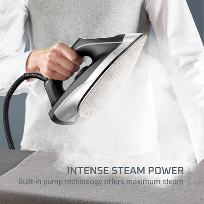 Rowenta Iron Steamer for Clothes Master Steam Station, Professional Steam Iron for Clothes with Stainless Steel Soleplate, 57 Oz, 400 Microsteam Holes, Built-In Pump, 1750 Watts, Black/Green, VR8338