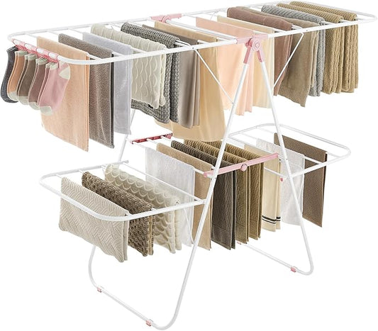 SONGMICS Clothes Drying Rack, Foldable 2-Level Laundry Drying Rack, Free-Standing Laundry Airer, with Height-Adjustable Wings, 33 Drying Rails, Sock Clips, White and Pink ULLR053P01V1