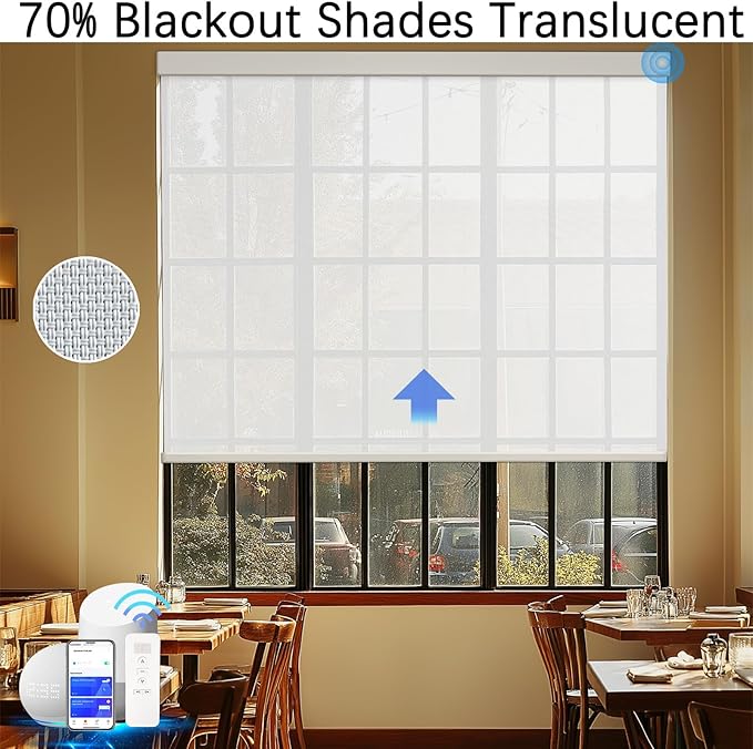 COOLWINDS Motorized Blinds with Remote Cordless Automatic Motorized Shades Custom Blinds for Windows Smart Curtains Compatible with Alexa Google Home(3% Solar White,W65 x H72in)