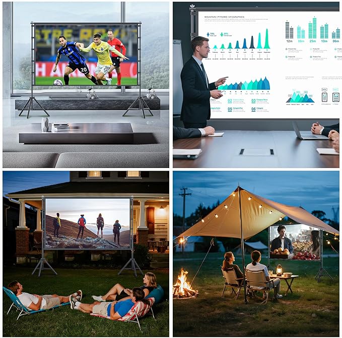 Outdoor Projector Screen with Stand, TOWOND 120 inch Portable Movie Screen, 16:9 HD Foldable Anti-Crease Projection Screen with Carry Bag for Home Theater Outdoor Indoor Support Double Sided